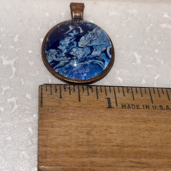 Blue Fluid Art Pendant Unique Design Shades Of Blue & White Bronze Toned Bezel - Picture 3 of 3